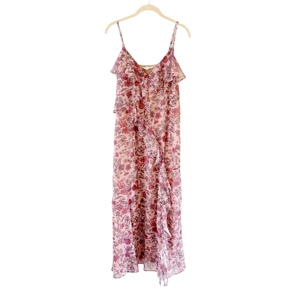 Lucky Brand Floral Chiffon Maxi Dress M Pink Ruffle Fairy Festival Sorority Rush